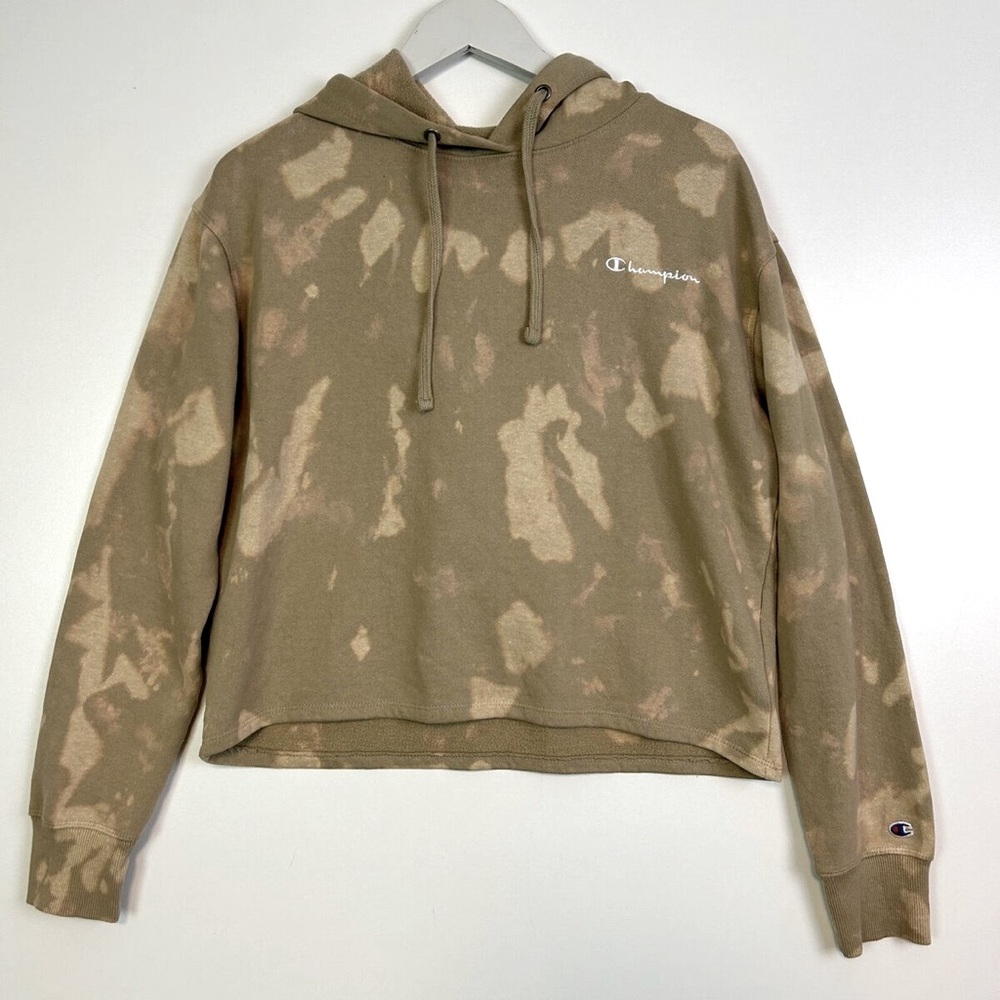 Champion Bleach Dyed Crop Hoody - Sz M, Olive Tan